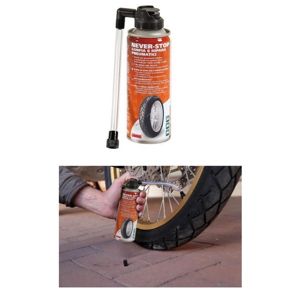 Never Stop, gonfia e ripara pneumatici – 200 ml  Spray gonfia e ripara pneumatici per moto e scooters.