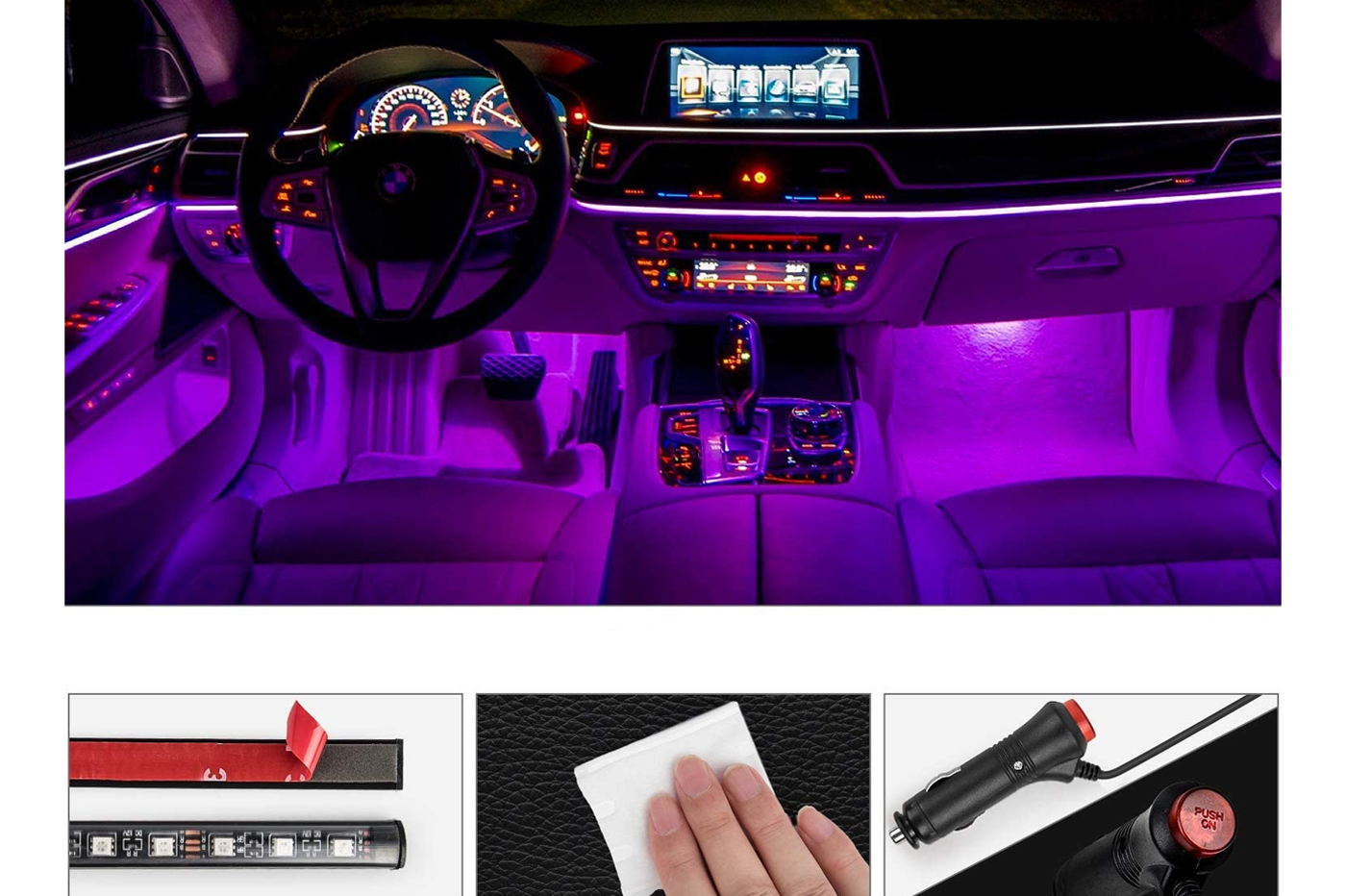 Striscia LED interni auto rgb 4 strip luminose adesive 72 led impermeabili QCD52 - immagine 3